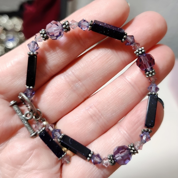 Silver tone Purple Goldstone Faceted Crystal Bead Bracelet Handmade Y2K Vintage - Picture 7 of 12